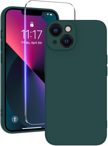 Qasyfanc Soft Silicone Case for iPhone 13 with 1 Tempered Glass Screen Protector Shockproof Full Camera Protection iPhone 13 Cover with Anti-Scratch Microfiber Lining Dark Green