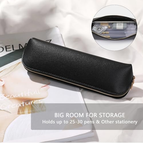 Image of Pencil Case Small Pencil Pouch Slim Zipper Pen Holder School Office College(Beige,Faux Leather)