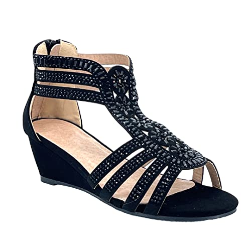 ABSOLEX Girl's Ankle Strap Rhinestone Dressy Low Heel Wedge Pump Sandal