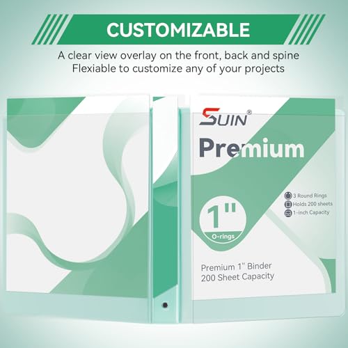 Image of SUIN 1 Inch 3 Ring Binder, Clear 1'' View Presentation Binders with 2 Pockets, Fits 8.5 x 11 Letter Size, Durable Polypropylene, Non-Stick & PVC-Free for School, Office & Home (Pastel Green)