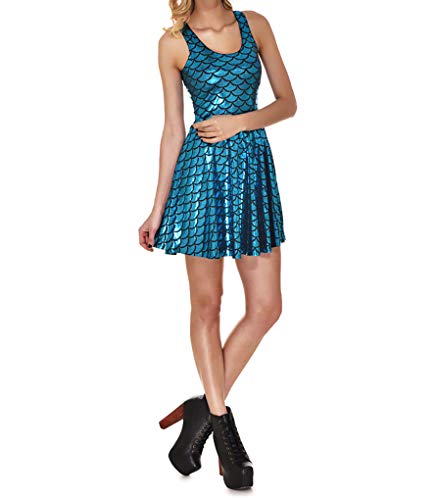 Image of LinvMe Women Shiny Mermaid Fish Scale Sleeveless Pleated Flared Dress