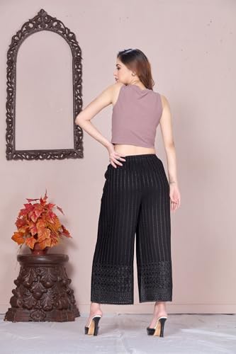 Image of VIVIKA Chikankari Palazzo Pants for Women |Rayon Wide Leg Ethnic Palazo with Embroidery | Comfortable Elastic Waist Women's Palazzo for Casual, Festive & Office Wear
