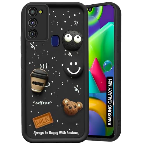 Image of AESTMO Back Case Cover for Samsung Galaxy M21 / M21 2021 / M30S Cover | Cute Fun Cartoon 3D Ball | Coffee Silicone Case | Full Body Protection | Camera Protection Back Cover (Black)