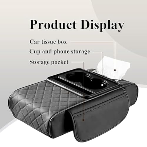 Image of Car Center Console Armrest Pad with Quilted Black Finish, 5-in-1 Storage Including Cup Holders, Tissue Box, and Phone Slot