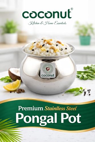 Image of Coconut Stainless Steel Heavy Gauge Pongal Pot | Gundu Balloon Handi | Multipurpose Steel Cooking Vessel | Rust Resistant, Durable Kitchen Pot for Daily & Festival Use (3000ml)