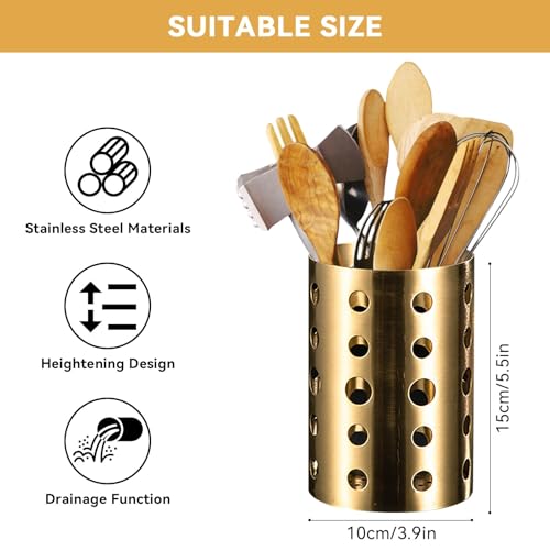 Miniatura 5 de Herchr Soporte Grande Para Utensilios De Cocina De Acero Inoxidable Dorado, Con Drenaje Y Almacenamiento Multiuso