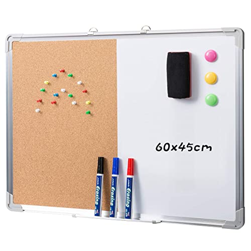 DOEWORKS Tableau Mixte 60 x 45cm Tableau Blanc Magnétique & Tableau en Liège, Double Face Tableaux d'affichage Mural pour Maison Bureau École