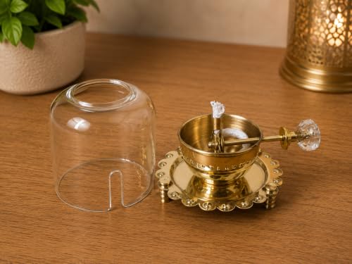 Image of DECOREHUB Primum qulity Brass Decorative akhand Diya with Borocilicate Glass Cover and Extra Wicks ,Long Lasting Burn up to 12hr (Small 3x3.5 inch)