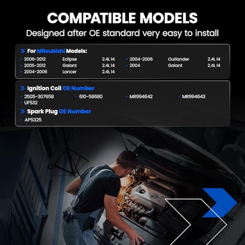Image of 4-Pack UF532 Ignition Coils & AP5325 Spark Plugs Kit Compatible with Mitsubishi 2006-2012 Eclipse 2.4L, 2004-2012 Galant 2.4L, 2004-2006 Lancer Outlander 2.4L - Replaces 2505-307658 & more