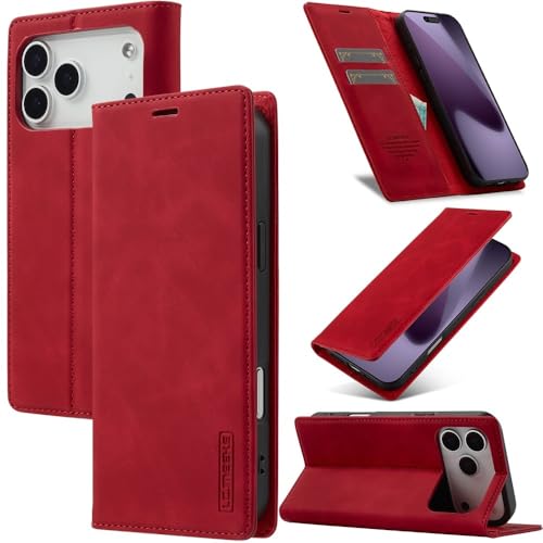 Étui en cuir uni iPhone 15 Pro rouge à rabat magnétique haut de gamme