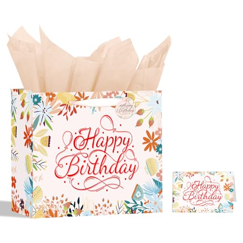 Image of Powbrace 13 inch White Happy Birthday Gift Bag with Tissue Paper and Greeting Card for Patry, Happy Birthday Gift Bag for Men Women,Gift Bags Medium size(1 PCS Flower Gifts Bag)