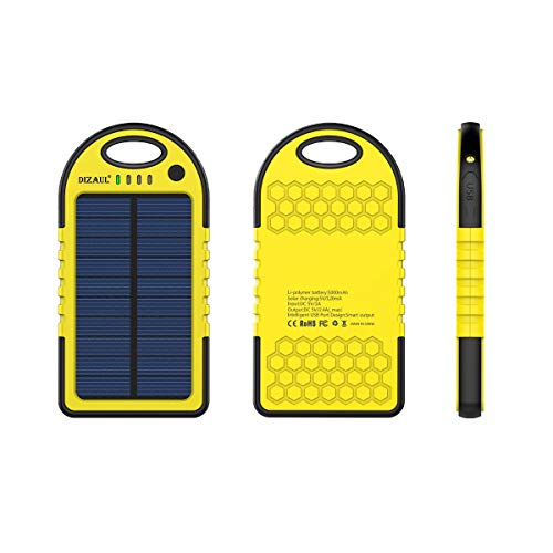 Dizaul Solar Charger, 5000mAh Portable Solar Power Bank Waterproof/Shockproof/Dustproof Dual USB Battery Bank Compatible with All Smartphones,iPhone,Samsung,Android Phones,Windows Phones,GoPro,GPS