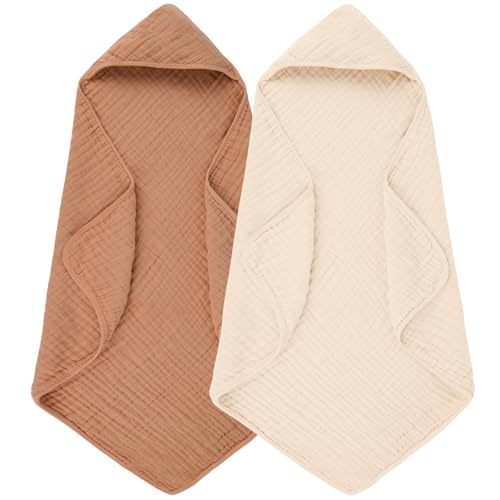 Image of MIGIOL Hooded Baby Bath Towels 100% Muslin Cotton Baby Bath Towel for Infant, Toddler and Kids,Soft and Absorbent Newborn Essential，Large 32x32Inch 2 Pieces Coffee & Beige