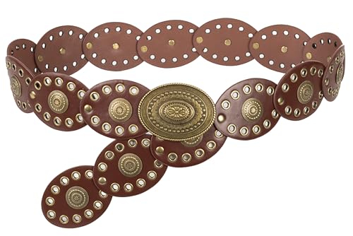 Wide Disc Belt for Women - PU Leather Hollow Out Round Belts Vintage Western Cowboy Cowgirl Waist Belt