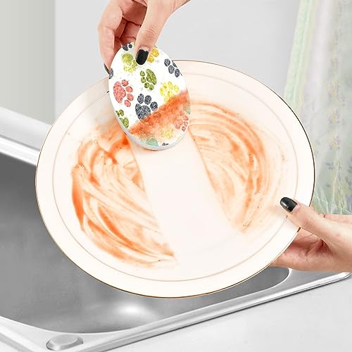 Image of Colorful Doodle Paw Prints Kitchen Sponges Animal Puppy Dog Cleaning Dish Sponges Non-Scratch Natural Scrubber Sponge for Kitchen Bathroom Cars, pack of 3