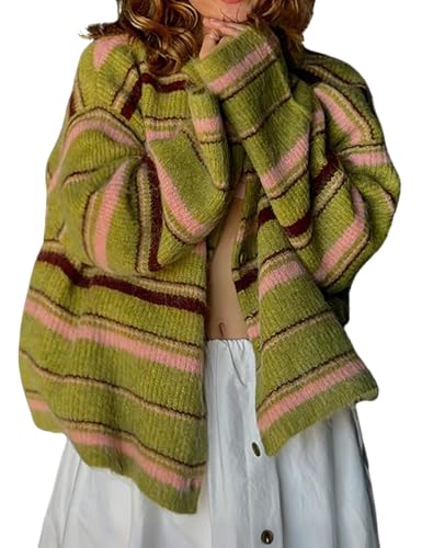 chouyatou Women's Chunky Color Block Striped Cardigan Sweaters Fuzzy Button Down Knitted Jacket Coat