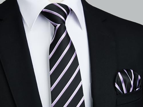 Image of Enlision Mens Ties Stripe Tie and Pocket Square Set Classic Formal Woven Neckties Handkerchief Cufflinks Wedding