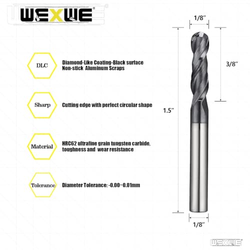 Image of Tools Ball Nose Carbide End Mill, MAH Coating, CNC Cutting Tools for Stainless Steel,Hardened Steels,High Temp Alloys,Medium Alloy Steels, 2 Flute,1 /8 inch Shank,Inch Size (.125(1 /8) inch, 5pcs)