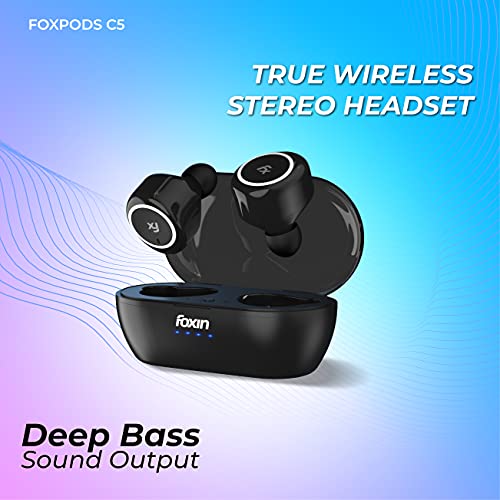 Image of Foxin FoxPods C5 TWS Earbuds with in-Built HD Mic, Bluetooth V5, 10mm Driver, up to 12H Playtime with 1 Hour Charging Time & 120 Hours of Standby-time, with Voice Assistant, Snug & Secure Fit (Black)