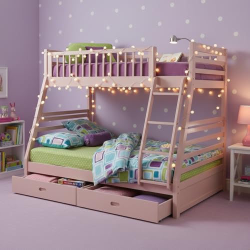 Image of APRODZ Solid Wood Elvira Light Pink Twin Over Queen Size Bunk Bed with Storage