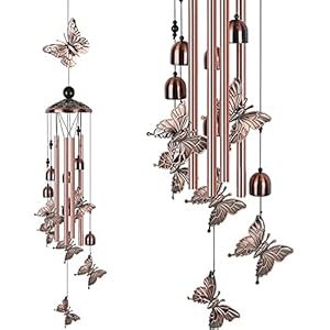 COTTNY Vlinder windgong met S-haak voor buiten, tuin, hangend, metaal, messing, diepe toon, monument, sympathie…