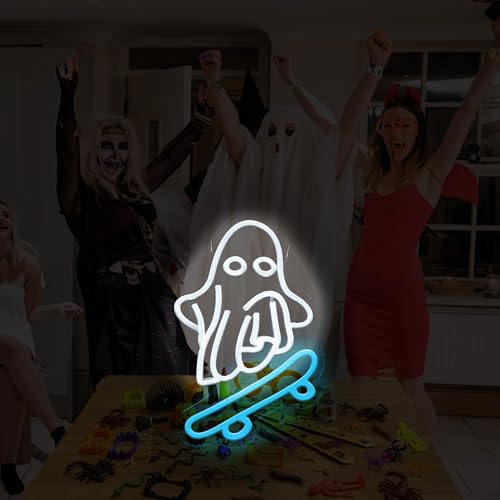Image of Halloween Neon Sign ghost skateboard Neon lights Halloween wall decorations suitable for holiday parties room party decorations LED holiday gifts for friends