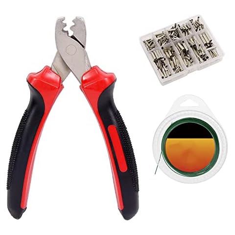 Crimp Sleeves Set with Fishing Pliers+300 Singel Barrel Crimps Sleeves in 7 Different Sizes Cover