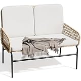 YITAHOME Patio Loveseat Wicker Outdoor Furniture, All Weather Rattan Conversation Loveseat for Backyard, Balcony and Deck with Soft Cushions, Light Brown+Beige