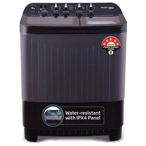Image of Voltas Beko by A Tata Product 9 kg washing machine With Soft Closing door, Water proof IPX4 protection, Special Pulsator and Double Waterfall Semi Automatic Top Load Black, Grey (WTT90UDX /BKGR4KGTD)