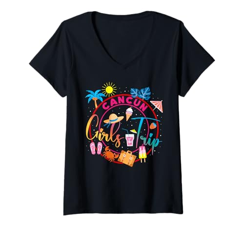 Womens Cancun Girls Trip 2025 Cute Beach Summer Vacation Party V-Neck T-Shirt