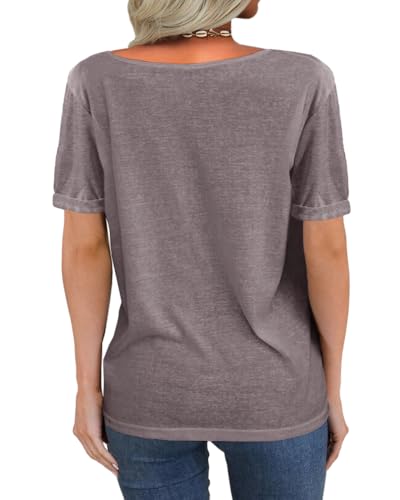 Image of Danedvi Women Deep V-Neck Short Sleeve Tops Solid Casual Loose T Shirt