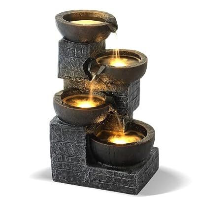 Grepatio Outdoor 4-Tiers Water Fountain, Garden Cascading Waterfalls Fountain with 4 LED Lights, 21.9" H Modern Indoor/Outdoor Bowl Waterfall Feature Water Fountains for Garden, Yard Decor (Brown)