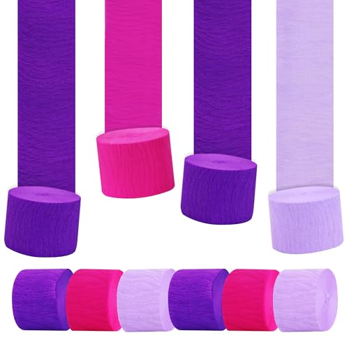 BEISHIDA 6 Rolls Purple Pink Crepe Paper Streamers for Unicorn Princess Bridal Shower Bachelorette Girl Baby Shower Wedding Birthday Party Decorations, piñatas DIY Craft Paper (492 Ft)