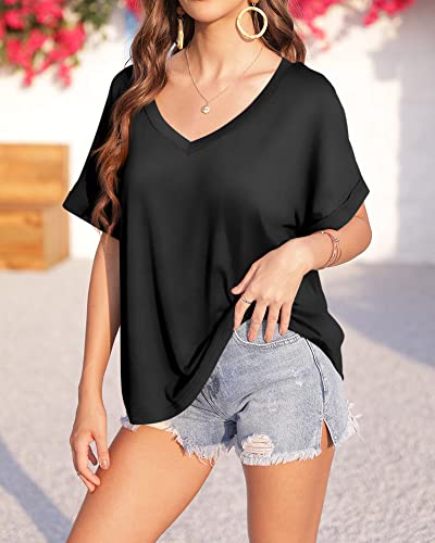Langwyqu Women's Oversized T Shirts V Neck Short Sleeve Summer Casual Loose Tops Tees3
