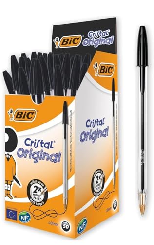 BIC Cristal Original Smudge Free Ballpoint Pens Ideal for School Black Medium Point (1.0mm) Pack of 50