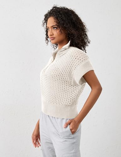 Womens Crochet Sweater Quarter Zip Cap Sleeve Tops Lightweight Hollow Out Fall Sweater Pullover Tops2