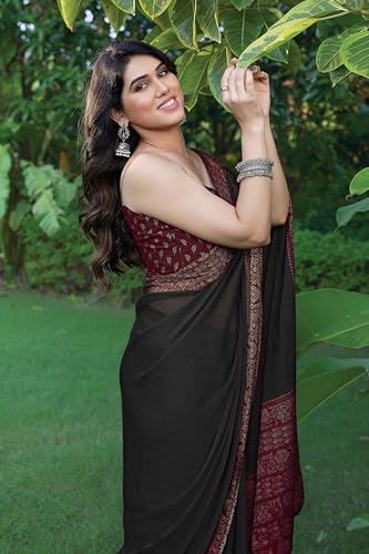 Image of MIRCHI FASHION Saree for Woman Chiffon Georgette Solid with Contrast Border | Lightweight Daily Wear Women's Sari and Printed Blouse Piece