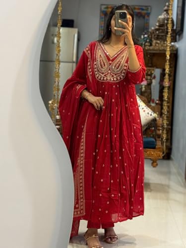 Image of ANNI Designer Women's Rayon Viscose Printed Embroidered Anarkali Kurta with Pant & Dupatta | Ethnic Kurti Set with Embroidery | Soft Comfortable Fabric | Stylish Outfit for Festive, Office