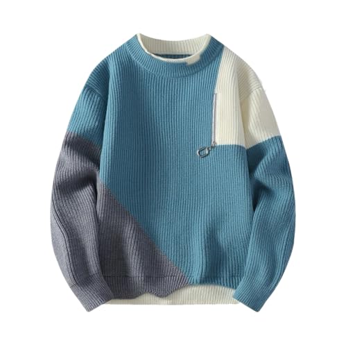 Men's Winter Thick Warm Knit Sweater - O-Neck Patchwork Loose Stylish Youthful Vitality Streetwear Pullover