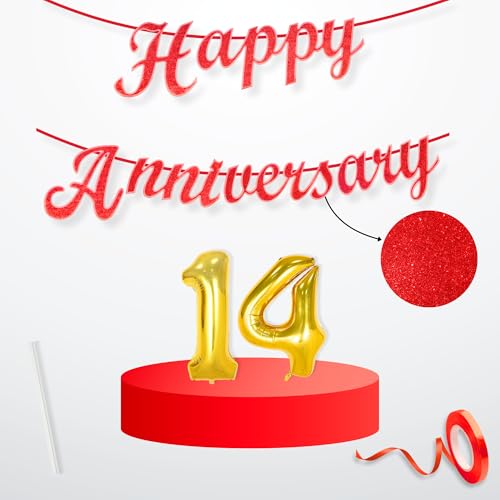 Image of Flyloons 14th Happy Anniversary Banner Red Decorations Kit for Men Women Wedding Anniversary Banner Items without Balloons