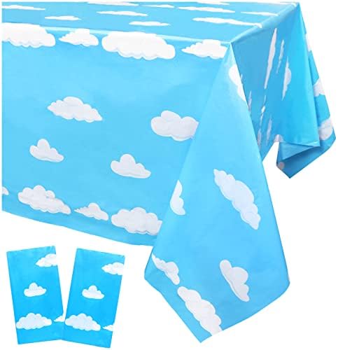 MagiDecor Blue Sky White Clouds Plastic Tablecloth 2 Pack For Rectangle Table Decoration Cover Cartoon Disposable Tablecover Kids Birthday Decor Baby Shower Party Supplies 54×108 Inches