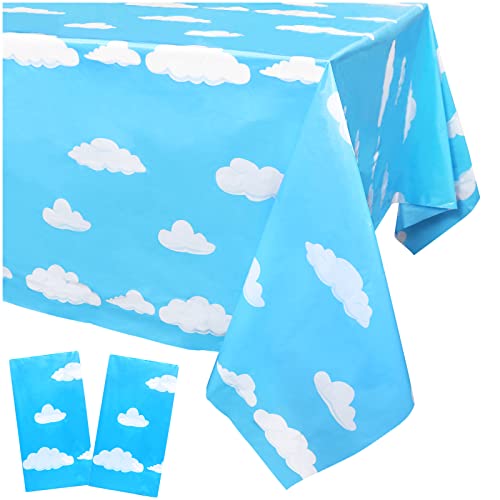 Magidecor Blue Sky White Clouds Plastic Tablecloth 2 Pack For Rectangle Table Decoration Cover Cartoon Disposable Tablecover Kids Birthday Decor Baby Shower Party Supplies 54×108 Inches #TOP1