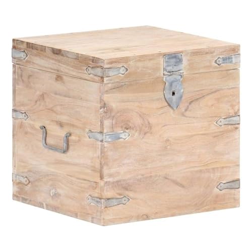 BOWERY HILL Solid Acacia Wood Storage Chest, Square Design, White Painted Finish, 15.7 x 15.7 x 15.7 in, Bedroom or Living Room Decorative Storage Trunk, Minimalist Style Functional Furniture