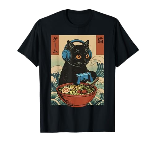 Cute Kawaii Gamer Cat Funny Ramen Retro Japanese Cat Gaming T-Shirt