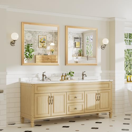 Image of 36x36 Inch Bathroom Mirror for Wall, Anti-Rust Oak Wood Grain Metal Framed Bathroom Mirrors for Over Sink,Rectangler Mirrors for Bathroom Vanity, Farmhouse, Bedroom, Living Room, Entryway Decor