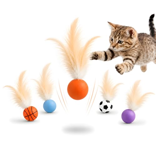 Bouncy Cat Feather Ball Toys 6 Pack Interactive Silicone Bouncing Balls for Indoor Cats & Kittens Durable Active Play Toy