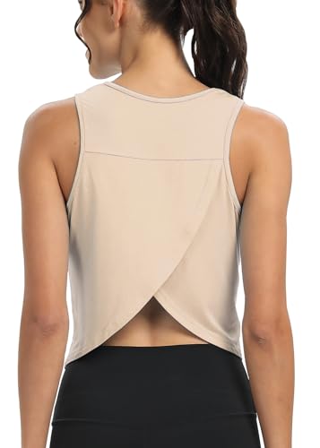 Mippo Workout Tops for Women Cropped Open Back Sleeveless Tank Tops Athletic Gym Yoga Shirts Loose Fit
