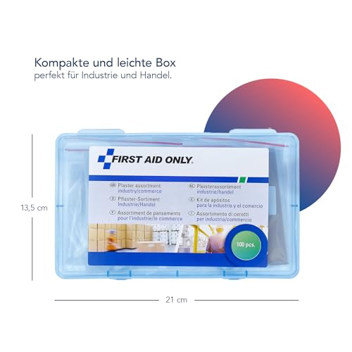 First Aid Only Pflasterset Industrie/Handel (100 Stück) | 100 Pflaster in verschiedenen Größen und Formen in wiederverschließbarer Pflasterbox | P-10023
