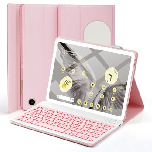 batecoya Pixel Tablet Keyboard Case 11” 2023/2024, 7 Color Backlight Detachable Bluetooth Keyboard Cover with Stylus Pen Holder, Google Pixel Tablet Case with Stand Support Charging Speaker Dock Pink