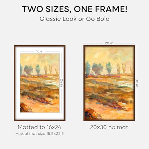 Image of Homeforia 20 x 30 Walnut Frame, High End Dark Oak 20x30 Wooden Poster Frames with Mat 16x24, 20 x 30 Brown Wood Picture Frame Matted to 16 x 24, 30x20 Hanging Frame, Tempered Glass, Wall Kit, Set of 3